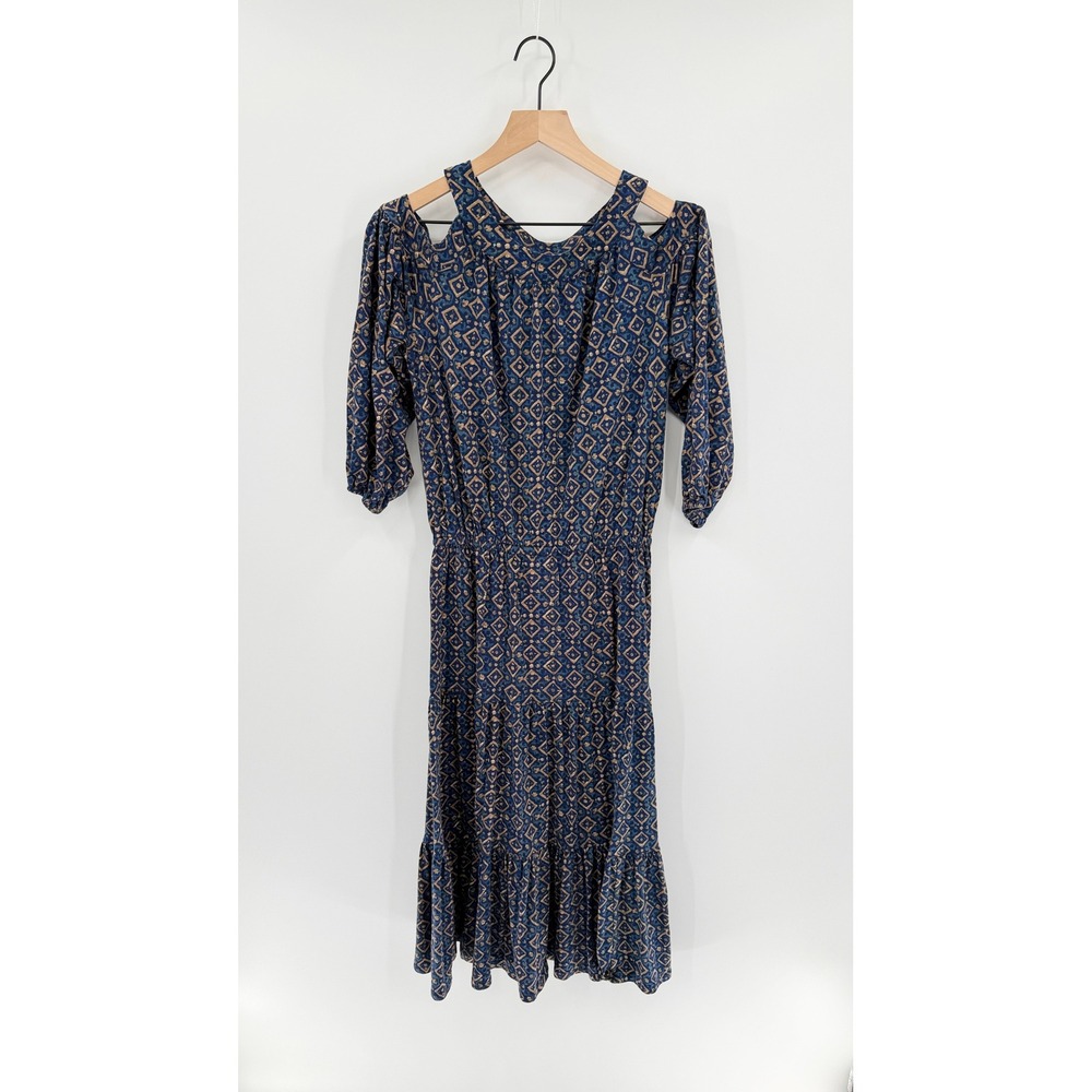 Lauren Ralph Lauren Boho Cold Shoulder Geometric Ruffle Midi Dress Sz S